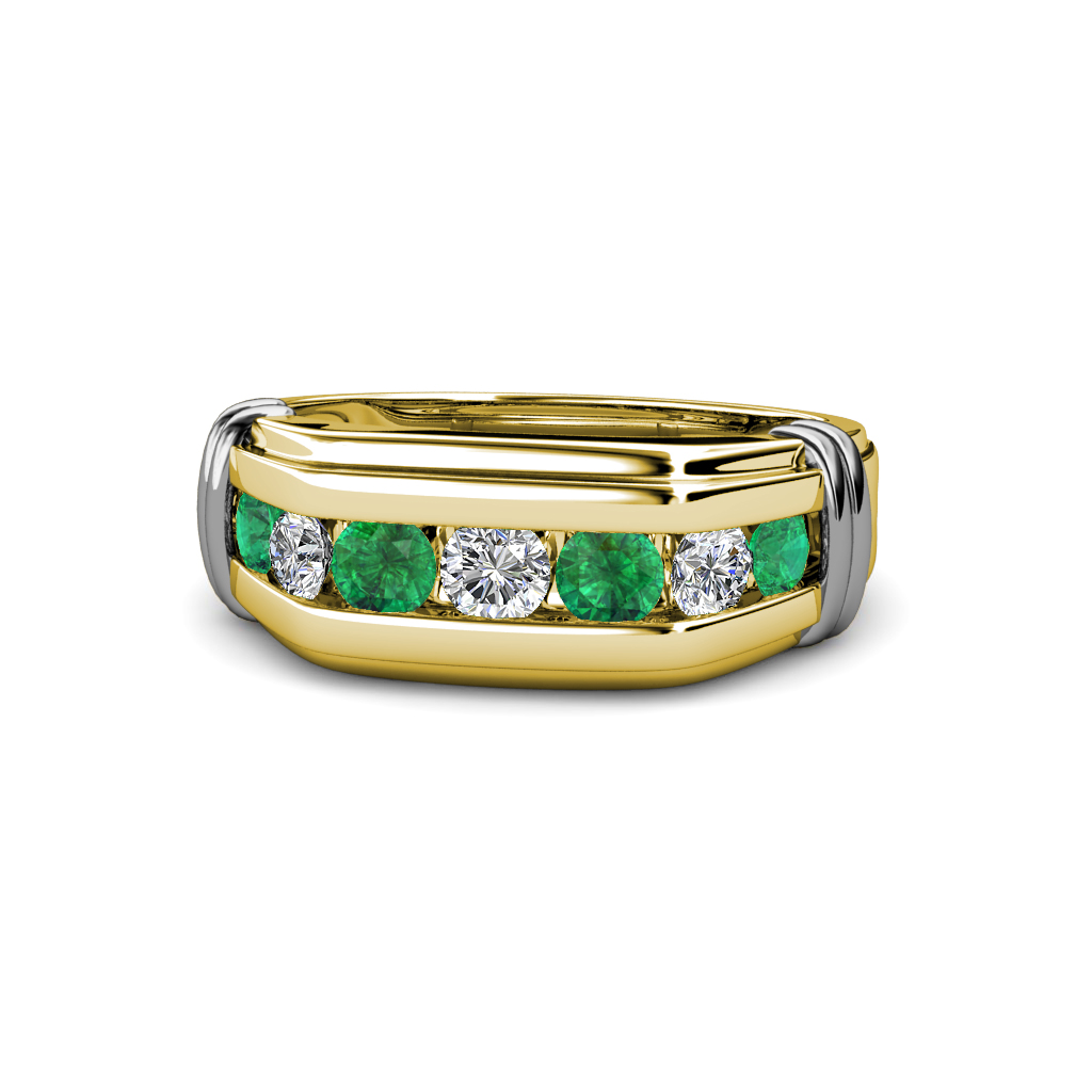 Brad Round Emerald and Diamond 7 Stone Men Wedding Ring (8.5 mm) 